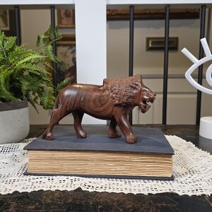 Sheesham Wood Roaring Lion Carving 7.5" Dark Hardwood Safari Art Sculpture